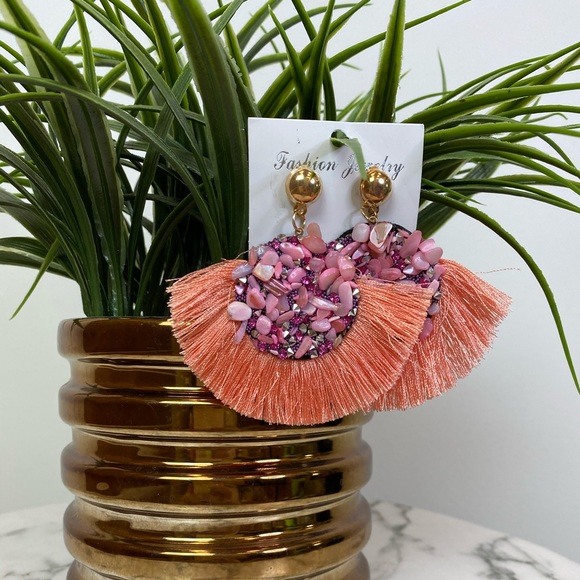 ShopiCandies Jewelry - ‼️ Peach Pink Rock Stone Diamond Fan Earrings